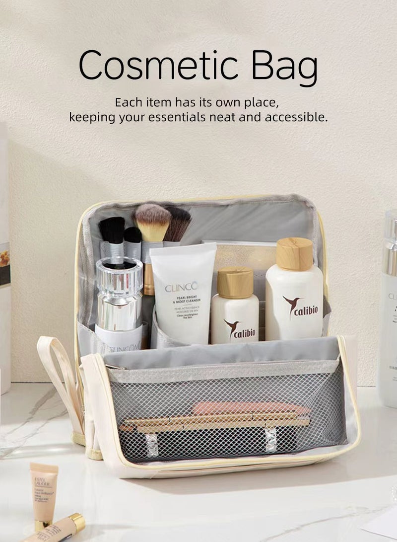 Large Travel Makeup Bag Organizer, Standing Cosmetic Organizer with Handle, Waterproof PU Vanity Case for Women, Portable Makeup Station & Toiletry Bag, Available in Cream Beige, Sky Blue & Light Purple - Image 1