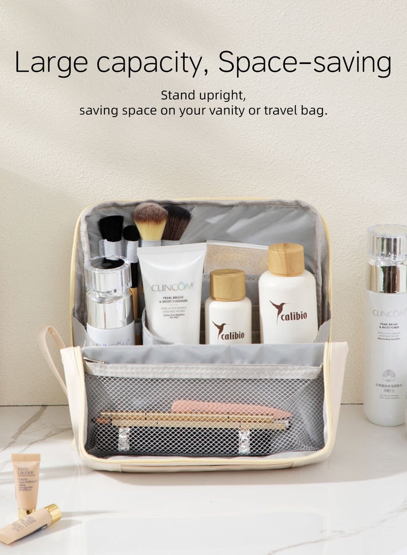 Large Travel Makeup Bag Organizer, Standing Cosmetic Organizer with Handle, Waterproof PU Vanity Case for Women, Portable Makeup Station & Toiletry Bag, Available in Cream Beige, Sky Blue & Light Purple - Image 2
