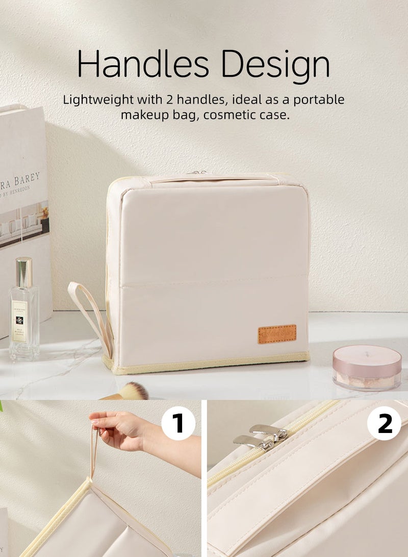 Large Travel Makeup Bag Organizer, Standing Cosmetic Organizer with Handle, Waterproof PU Vanity Case for Women, Portable Makeup Station & Toiletry Bag, Available in Cream Beige, Sky Blue & Light Purple - Image 5