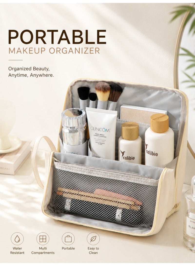 SOTEN Large Travel Makeup Bag Organizer, Standing Cosmetic Organizer with Handle, Waterproof PU Vanity Case for Women, Portable Makeup Station & Toiletry Bag, Available in Cream Beige, Sky Blue & Light Purple - Image 1