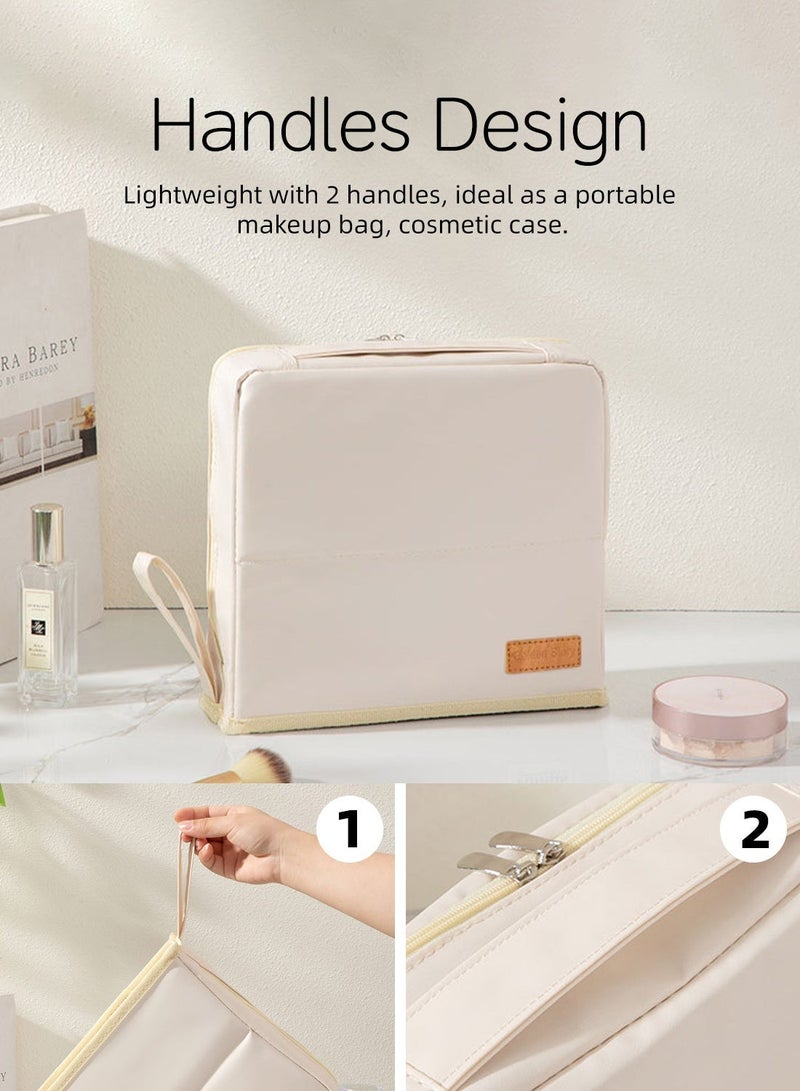 SOTEN Large Travel Makeup Bag Organizer, Standing Cosmetic Organizer with Handle, Waterproof PU Vanity Case for Women, Portable Makeup Station & Toiletry Bag, Available in Cream Beige, Sky Blue & Light Purple - Image 5