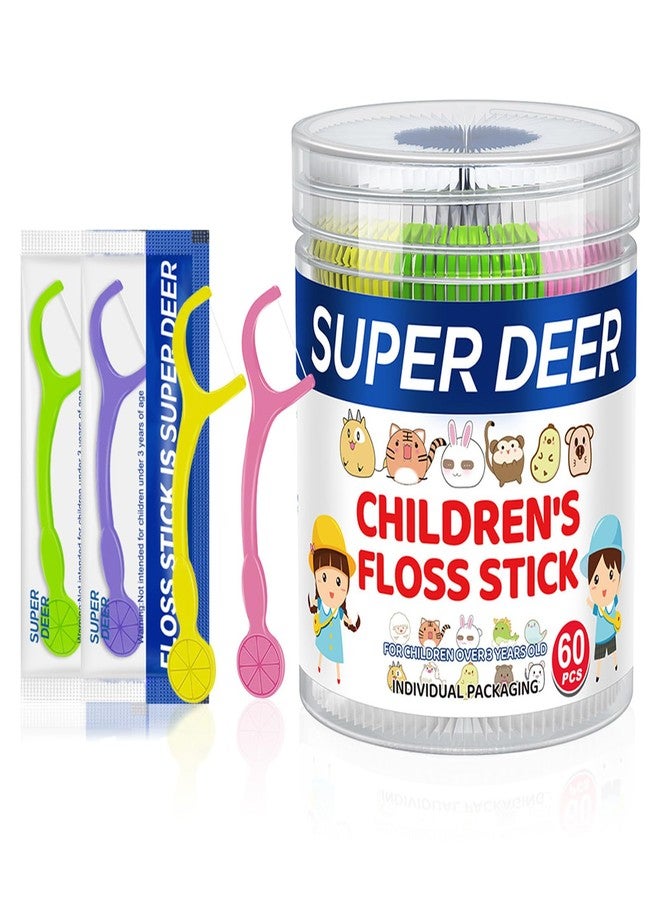 Fawnmum Super Deer Kids Flossers Picks, Children's Dental Floss Sticks 60 Count Individually Wrapped, Ages 3+, Shred Resistant, Fun Multicolor Handles for School Travel Playdates - Image 1