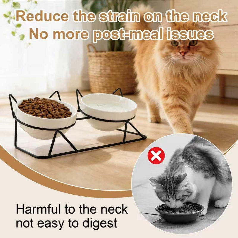 MCSAPIL Elevated Tilted Cat Bowls for Indoor Catsï¼ŒRaised Ceramic Cat Bowl Elevated 15Â°,Pet Feeding Bowls for Food and Water Anti Vomiting Bowl(Double Ceramics and Tilt Shelf) Suitable - Image 4