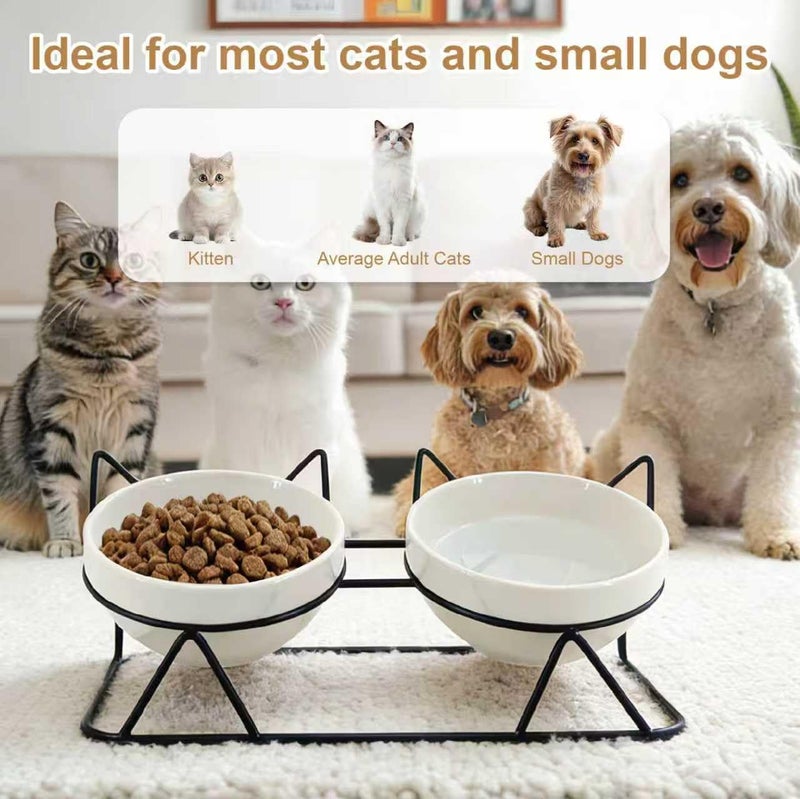 MCSAPIL Elevated Tilted Cat Bowls for Indoor Catsï¼ŒRaised Ceramic Cat Bowl Elevated 15Â°,Pet Feeding Bowls for Food and Water Anti Vomiting Bowl(Double Ceramics and Tilt Shelf) Suitable - Image 2
