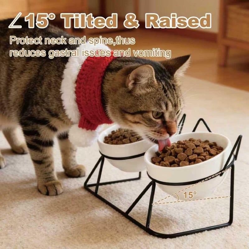 MCSAPIL Elevated Tilted Cat Bowls for Indoor Catsï¼ŒRaised Ceramic Cat Bowl Elevated 15Â°,Pet Feeding Bowls for Food and Water Anti Vomiting Bowl(Double Ceramics and Tilt Shelf) Suitable - Image 3