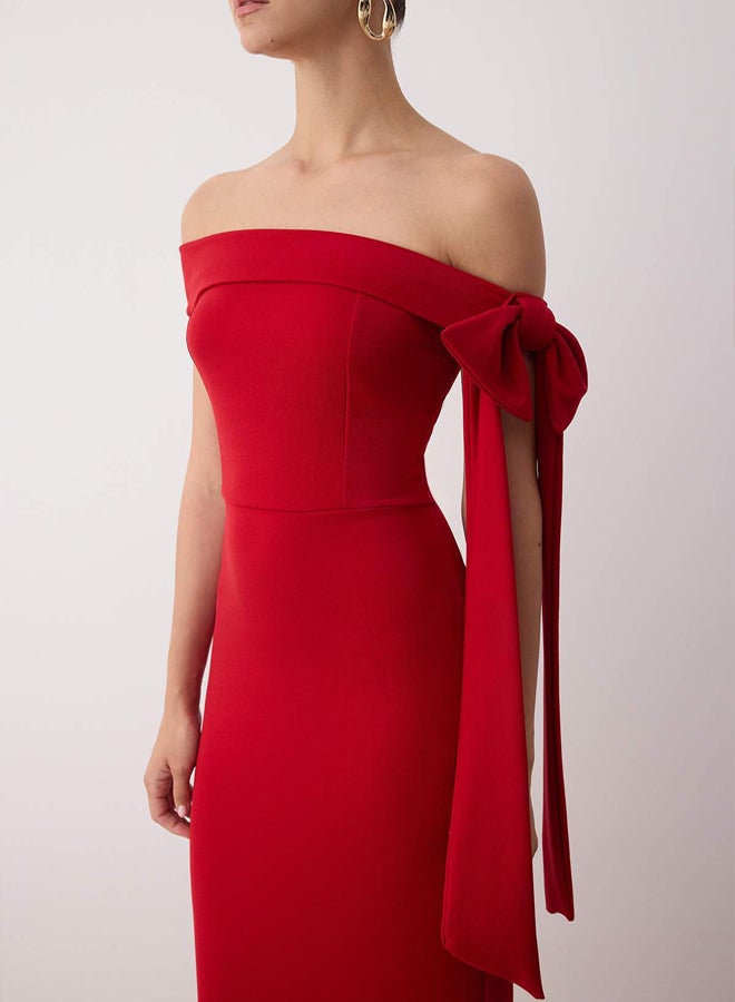 trendyol Red Body Fitting Shoulder Bow Detail Knitted Stylish Evening Dress Evening Homecoming Dress - Image 3