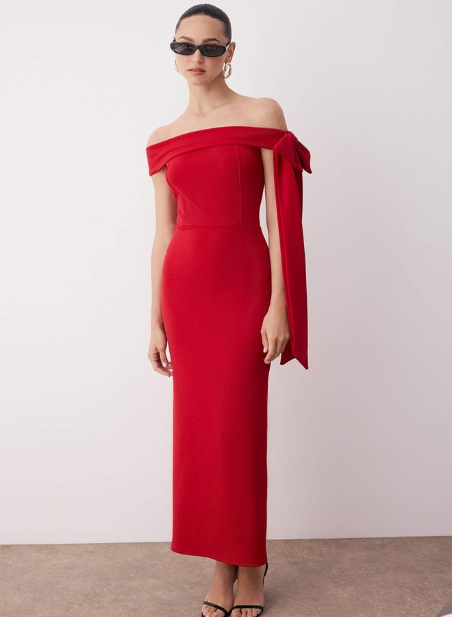 trendyol Red Body Fitting Shoulder Bow Detail Knitted Stylish Evening Dress Evening Homecoming Dress - Image 1
