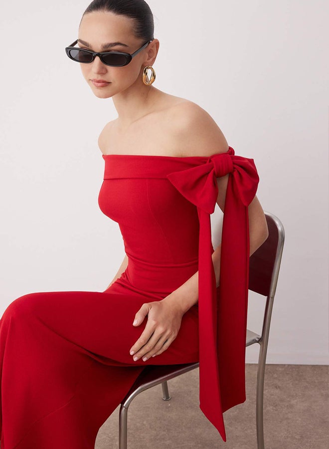 trendyol Red Body Fitting Shoulder Bow Detail Knitted Stylish Evening Dress Evening Homecoming Dress - Image 2