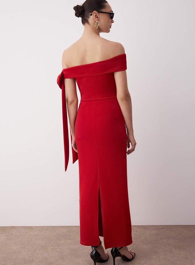 trendyol Red Body Fitting Shoulder Bow Detail Knitted Stylish Evening Dress Evening Homecoming Dress - Image 4