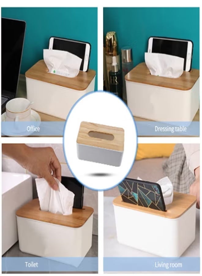 Ucanbe Modern Rectangular Tissue Box – White Plastic Facial Tissue Holder with Natural Bamboo Lid | Elegant Home, Office & Bathroom Paper Napkin Dispenser (23×13×10cm) - Image 4