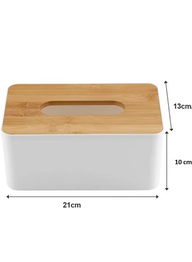 Ucanbe Modern Rectangular Tissue Box – White Plastic Facial Tissue Holder with Natural Bamboo Lid | Elegant Home, Office & Bathroom Paper Napkin Dispenser (23×13×10cm) - Image 2
