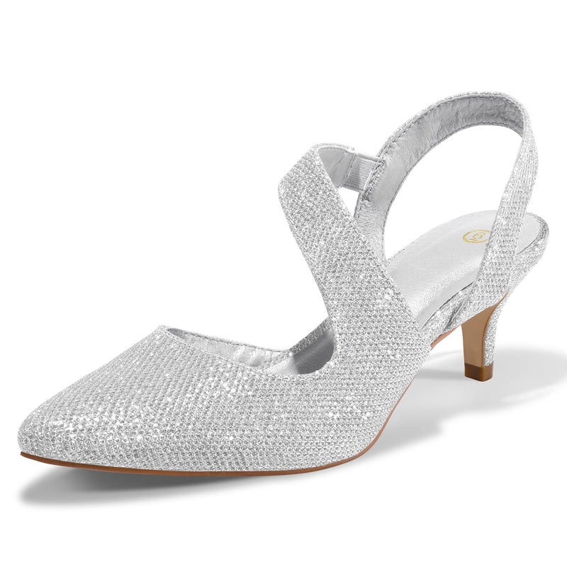 mysoft Women's Dress Shoes Low Heels 2 inch Kitten Pumps Slingback Wedding Party Medium/Wide Width Shoes Silver - Image 1