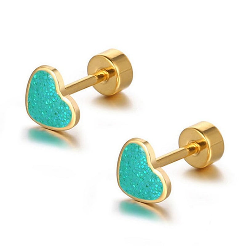 Dtja 18g Titanium Heart Love Earrings for Women Stainless Steel 14k Gold Plated Hypoallergenic Cute Tiny Sequins Stud Cartilage Tragus Screw Back Post Sensitive Ear (Green) - Image 1