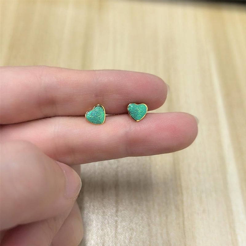 Dtja 18g Titanium Heart Love Earrings for Women Stainless Steel 14k Gold Plated Hypoallergenic Cute Tiny Sequins Stud Cartilage Tragus Screw Back Post Sensitive Ear (Green) - Image 2