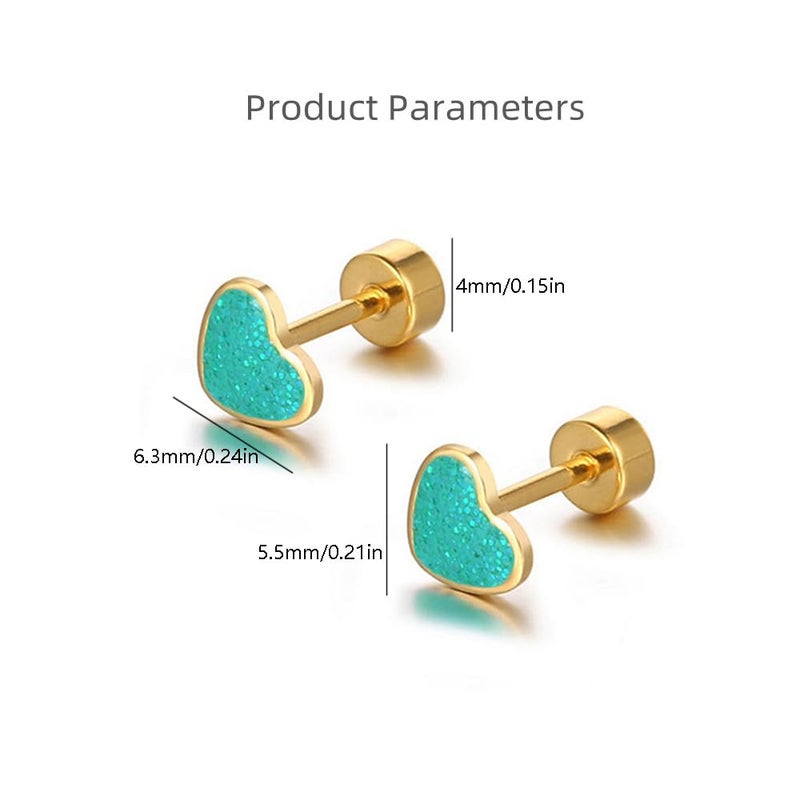 Dtja 18g Titanium Heart Love Earrings for Women Stainless Steel 14k Gold Plated Hypoallergenic Cute Tiny Sequins Stud Cartilage Tragus Screw Back Post Sensitive Ear (Green) - Image 4