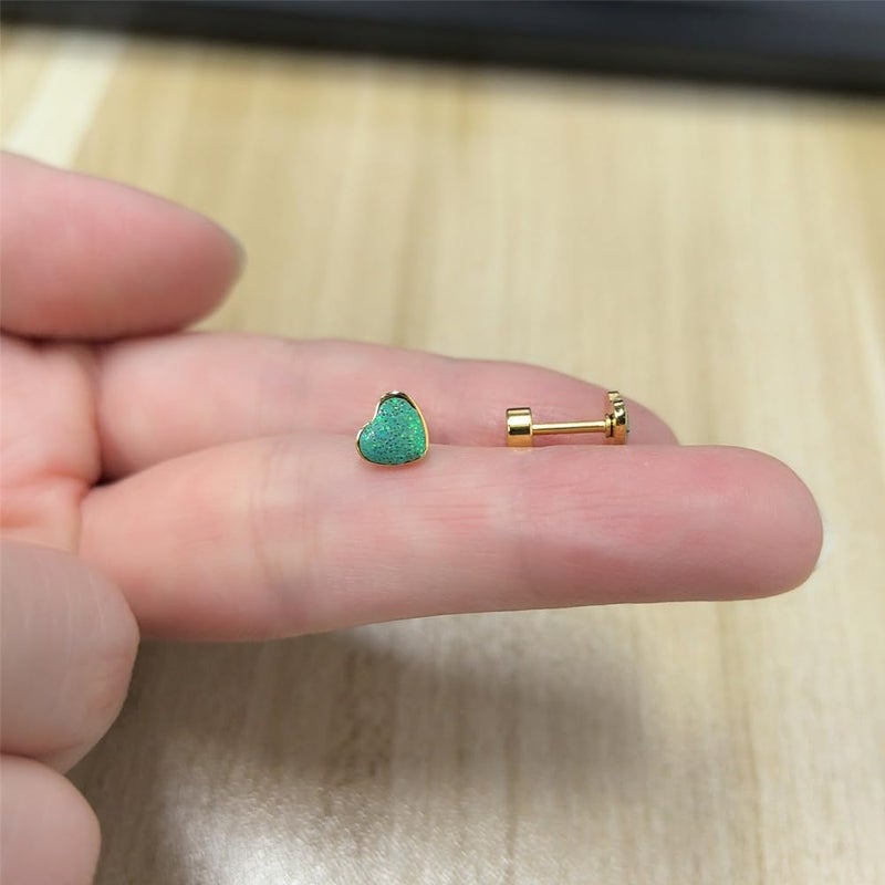 Dtja 18g Titanium Heart Love Earrings for Women Stainless Steel 14k Gold Plated Hypoallergenic Cute Tiny Sequins Stud Cartilage Tragus Screw Back Post Sensitive Ear (Green) - Image 3
