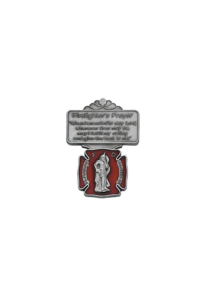 McVan Silver Tone and Red Enamel Saint Florian Visor Clip with Firefighters Prayer - Image 1