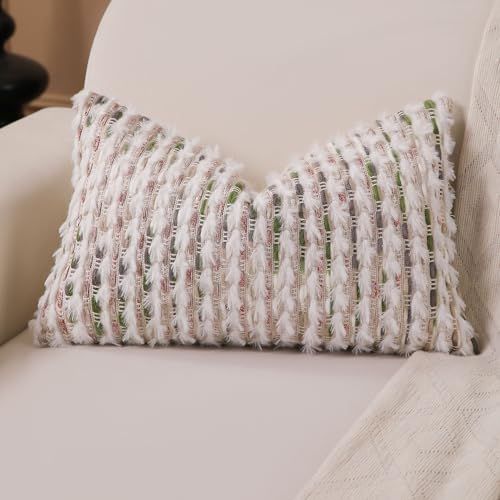 KOOLIFE Boho Lumbar Pillow Cover 12x20 Inch Pack of 1 Farmhouse Rectangle Decorative Couch Throw Pillow Cover Forest Green Chenille Tufted Striped Pillowcase for Living Room Sofa Bed - Image 1