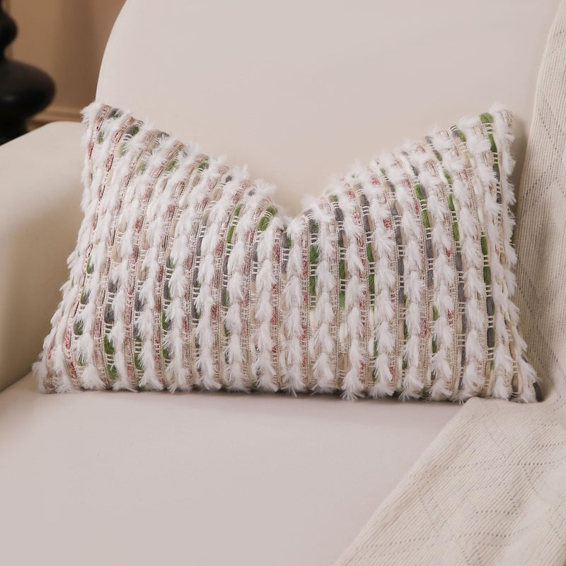 KOOLIFE Boho Lumbar Pillow Cover 12x20 Inch Pack of 1 Farmhouse Rectangle Decorative Couch Throw Pillow Cover Forest Green Chenille Tufted Striped Pillowcase for Living Room Sofa Bed - Image 2