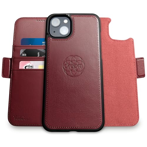 Dreem Wallet Case for iPhone 14 Plus 2 Way Phone Stand Magnetic Detachable Vegan Leather Flip Cover RFID Blocking Card Holder MagSafeFit Gift Box Fibonacci Burgundy - Image 1