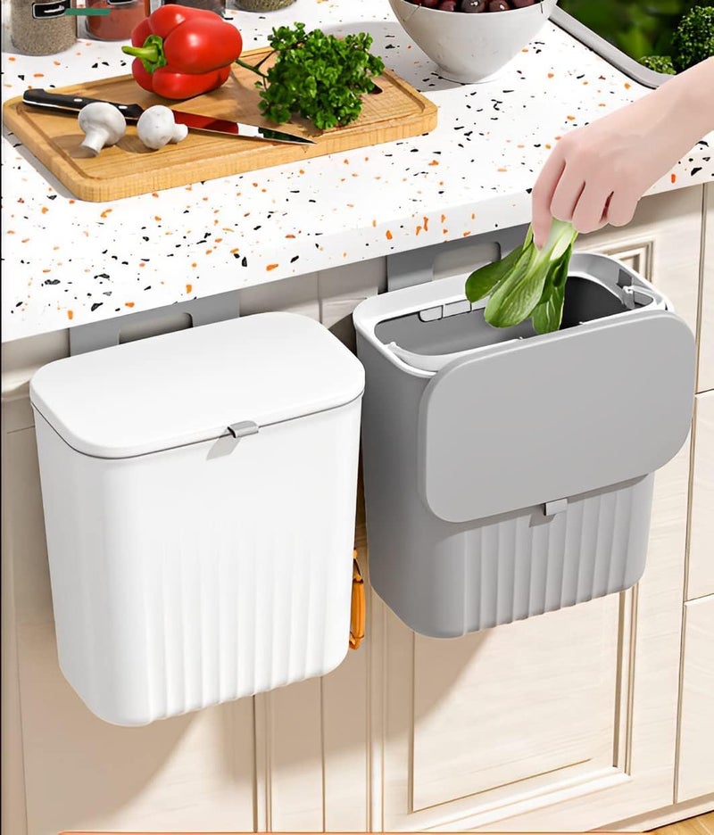 KEYOZA Hanging Trash Can for Kitchen Cabinet Door with Lid, Small Under Sink Garbage Can for Bathroom, Wall Mounted Counter Waste Compost Bin Pull-Out, Plastic (White) - Image 1