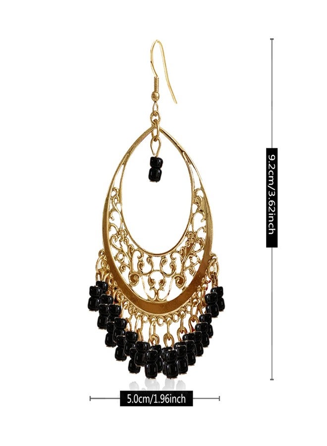 KVANU Handmade Creative Colorful Bohemian Chandelier Teardrop Bead Dangle Drop Earrings Ethnic Gypsy Beads Tassel Hoops Earrings for Women (Black) - Image 2