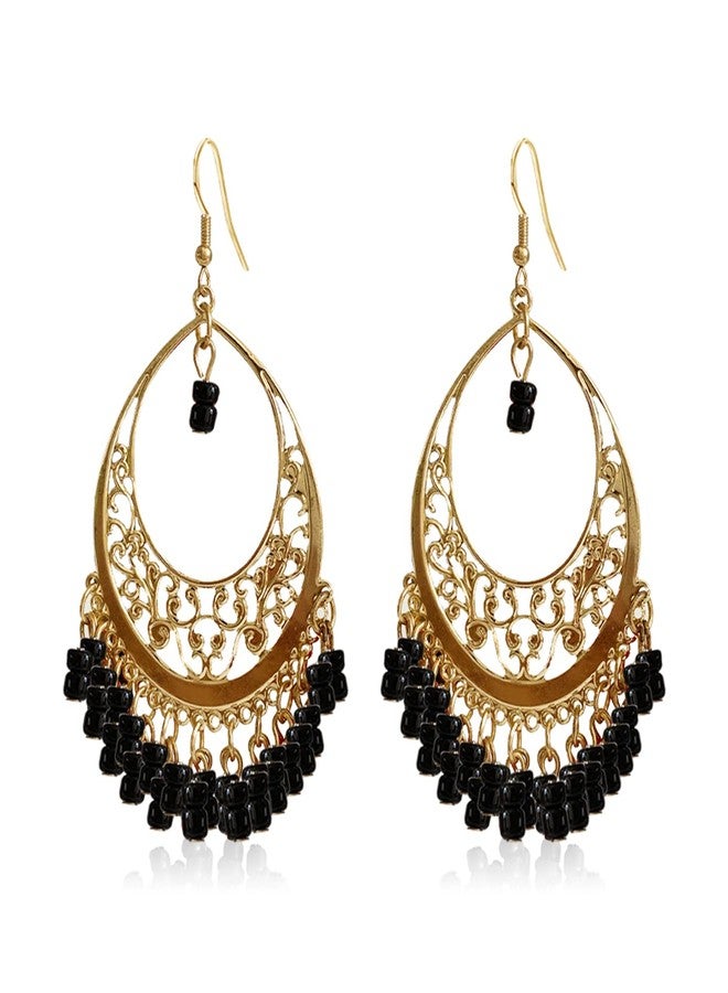 KVANU Handmade Creative Colorful Bohemian Chandelier Teardrop Bead Dangle Drop Earrings Ethnic Gypsy Beads Tassel Hoops Earrings for Women (Black) - Image 1