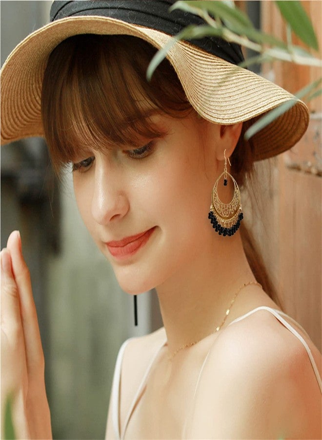 KVANU Handmade Creative Colorful Bohemian Chandelier Teardrop Bead Dangle Drop Earrings Ethnic Gypsy Beads Tassel Hoops Earrings for Women (Black) - Image 3