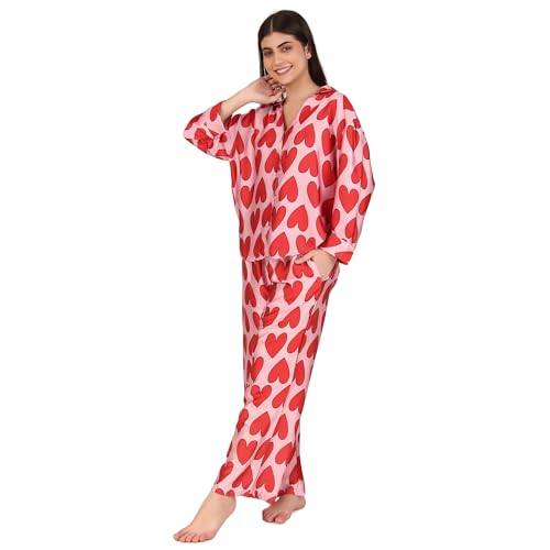 Masha Satin Women Over-Size-Red-Heart Night Suit Top & Pyjama Set (Medium, Red) - Image 1