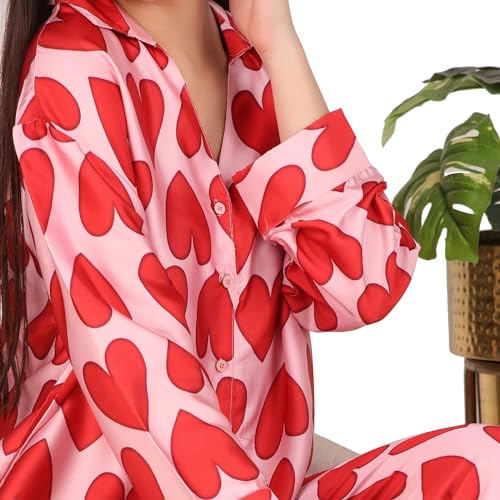 Masha Satin Women Over-Size-Red-Heart Night Suit Top & Pyjama Set (Medium, Red) - Image 5