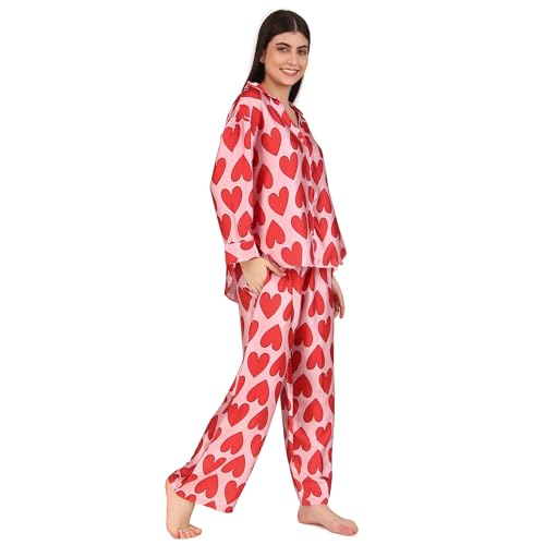 Masha Satin Women Over-Size-Red-Heart Night Suit Top & Pyjama Set (Medium, Red) - Image 2