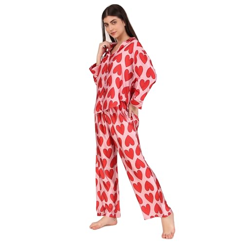 Masha Satin Women Over-Size-Red-Heart Night Suit Top & Pyjama Set (Medium, Red) - Image 3