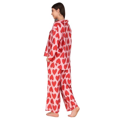 Masha Satin Women Over-Size-Red-Heart Night Suit Top & Pyjama Set (Medium, Red) - Image 4