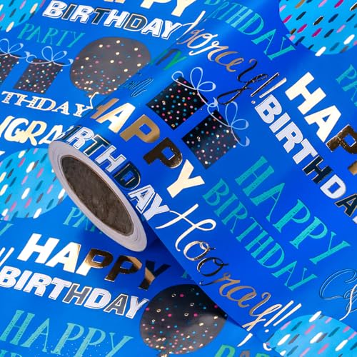 WRAPAHOLIC Birthday Wrapping Paper Mini Roll 17 Inch x 165 Feet Blue Gold Foil Happy Birthday Wrapping Paper for Kids Boys Men Baby Shower - Image 1