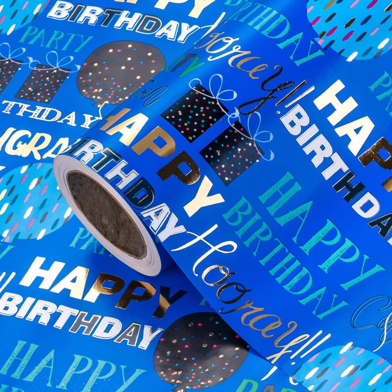 WRAPAHOLIC Birthday Wrapping Paper Mini Roll 17 Inch x 165 Feet Blue Gold Foil Happy Birthday Wrapping Paper for Kids Boys Men Baby Shower - Image 2