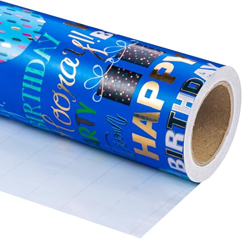 WRAPAHOLIC Birthday Wrapping Paper Mini Roll 17 Inch x 165 Feet Blue Gold Foil Happy Birthday Wrapping Paper for Kids Boys Men Baby Shower - Image 3