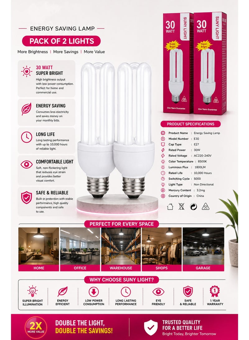 30W Energy Saving CFL Light Bulb Pack of 2 – E27 Super Bright Lamp for Home Office Shop Garage and Commercial Lighting - Image 3
