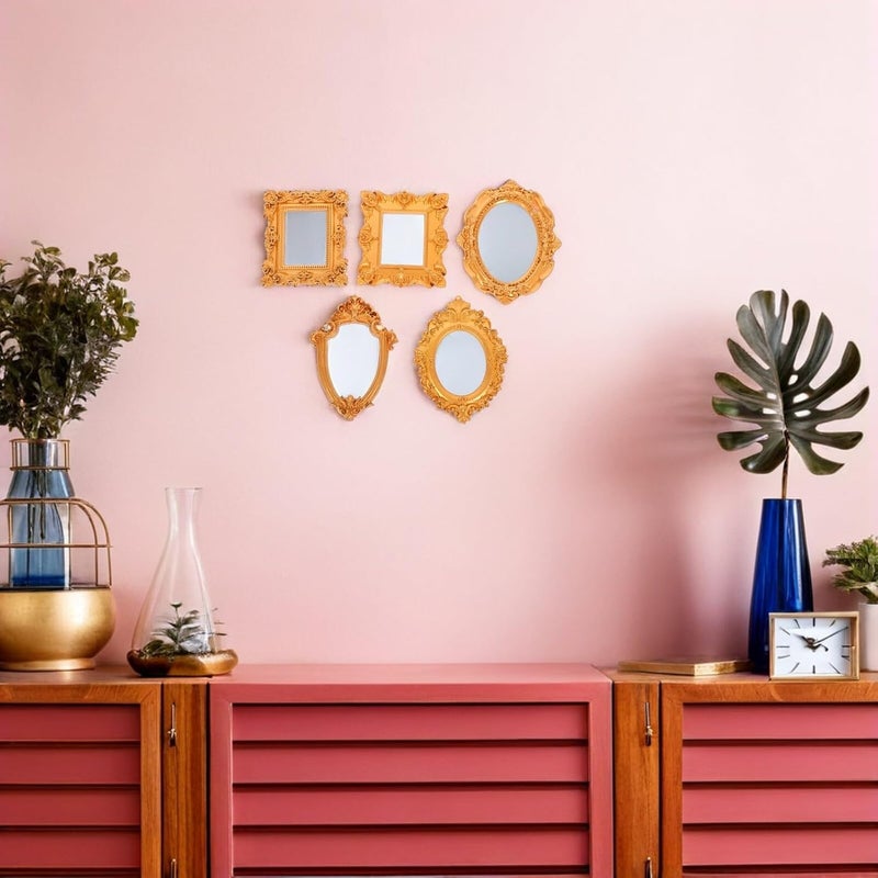 Veemoon 5pcs Miniature Vintage Resin Photo Frames Set, European Retro Style Small Wall and Tabletop Frames for DIY Home Decor, Photography Props Geometric and Oval Gold Designs - Image 5