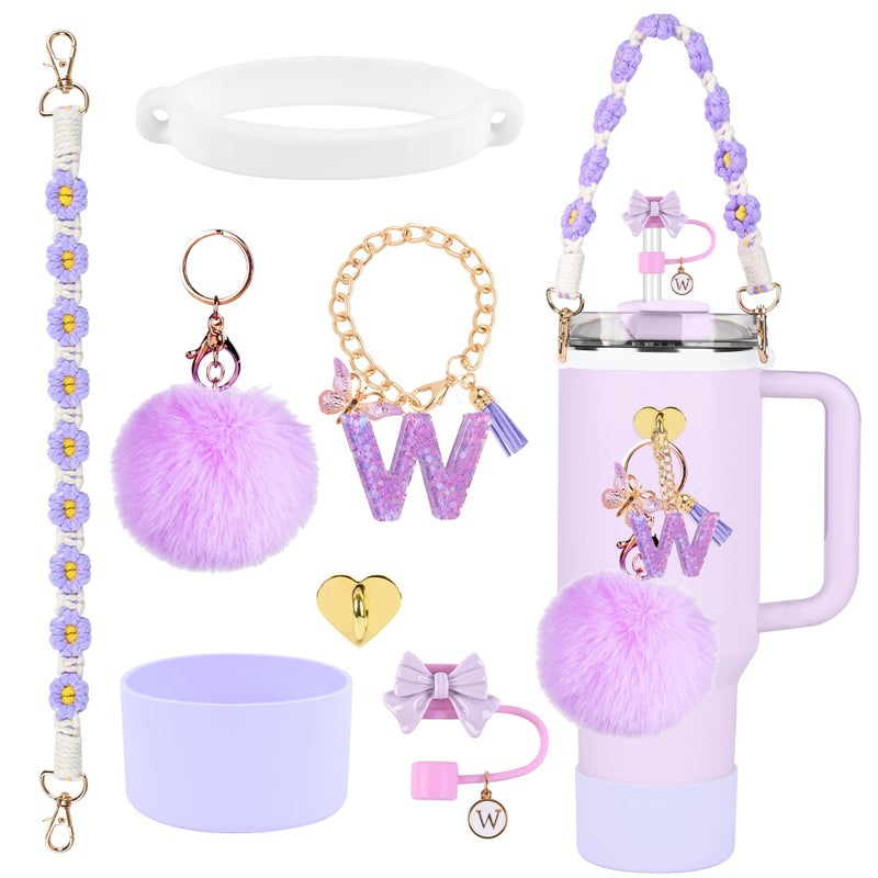 QUNNDY Stanley Cup Accessories Set 10mm Bow Straw Topper Siliocne Boot Water Bottle Handle Strap Letter Charms for Stanley Cup Straw Cover Cap 40oz 30oz Tumbler W