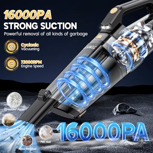 JONYJ Handheld Vacuum Cordless, 16000PA Strong Suction Hand Held Car Vacuum Cleaner, Portable Hand Vacuum Rechargeable with Multi-Nozzles & LED Light for Home, Car, Office, Pets - Image 2