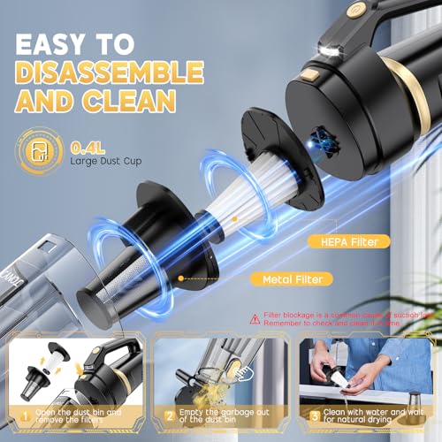 JONYJ Handheld Vacuum Cordless, 16000PA Strong Suction Hand Held Car Vacuum Cleaner, Portable Hand Vacuum Rechargeable with Multi-Nozzles & LED Light for Home, Car, Office, Pets - Image 5