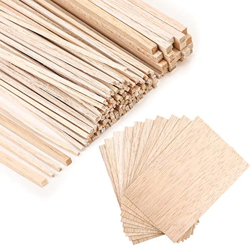 peony man 150 Pieces Balsa Wood Sticks Hardwood Square Wooden Craft Dowel Rods Unfinished Balsa Wood Sheets 12 Thin Wooden Strips 14 Inch 18 Inch for Crafts DIY Projects Models Making Supplies