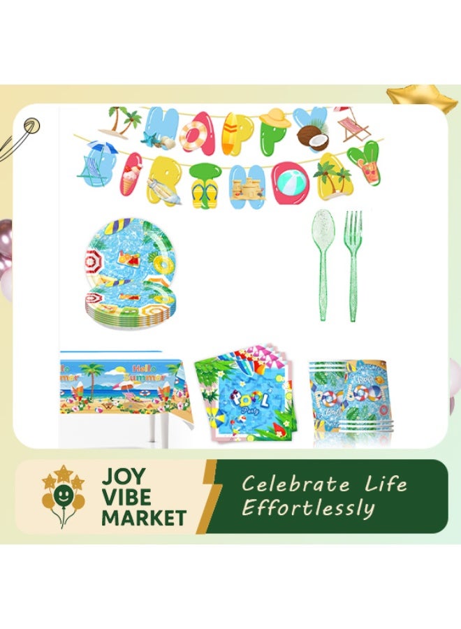 Joy Vibe Market 86Pcs Pool themed Birthday Party Supplies Serve 10,Includes Disposable Paper Plates Napkins Cups Tablecloth and Banner for Birthday Party, Pool Party, Retire Party Decorations - Image 1