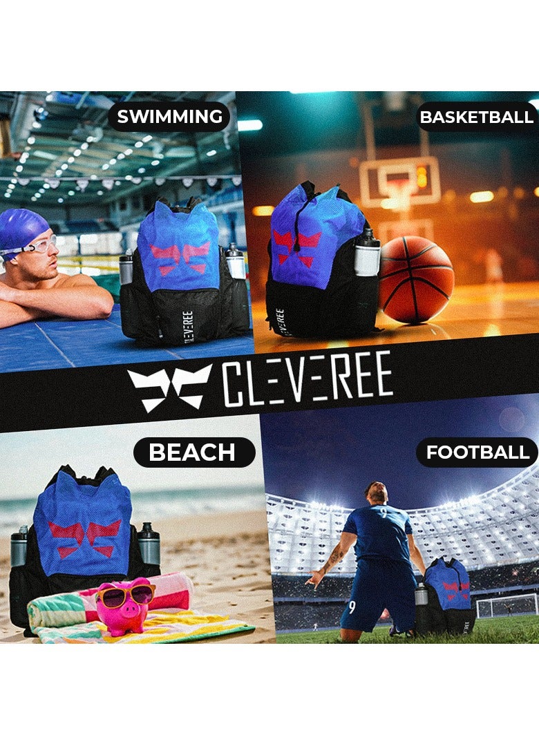 CLEVEREE® Sports Mesh Backpack for Travel, Swimming, Football, Beach. Basketball, Gym - Breathable - Waterproof pocket - Shoe Compartment Pocket (Blue Boost) - Image 2