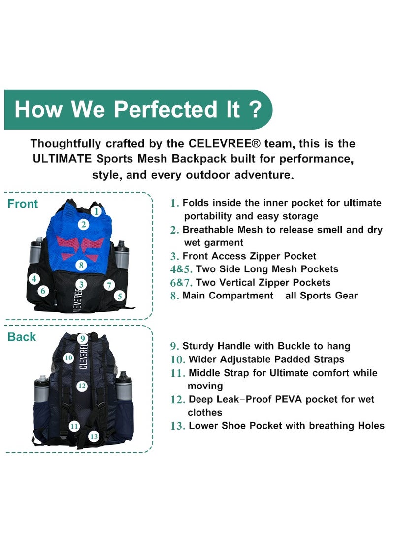 CLEVEREE® Sports Mesh Backpack for Travel, Swimming, Football, Beach. Basketball, Gym - Breathable - Waterproof pocket - Shoe Compartment Pocket (Blue Boost) - Image 5