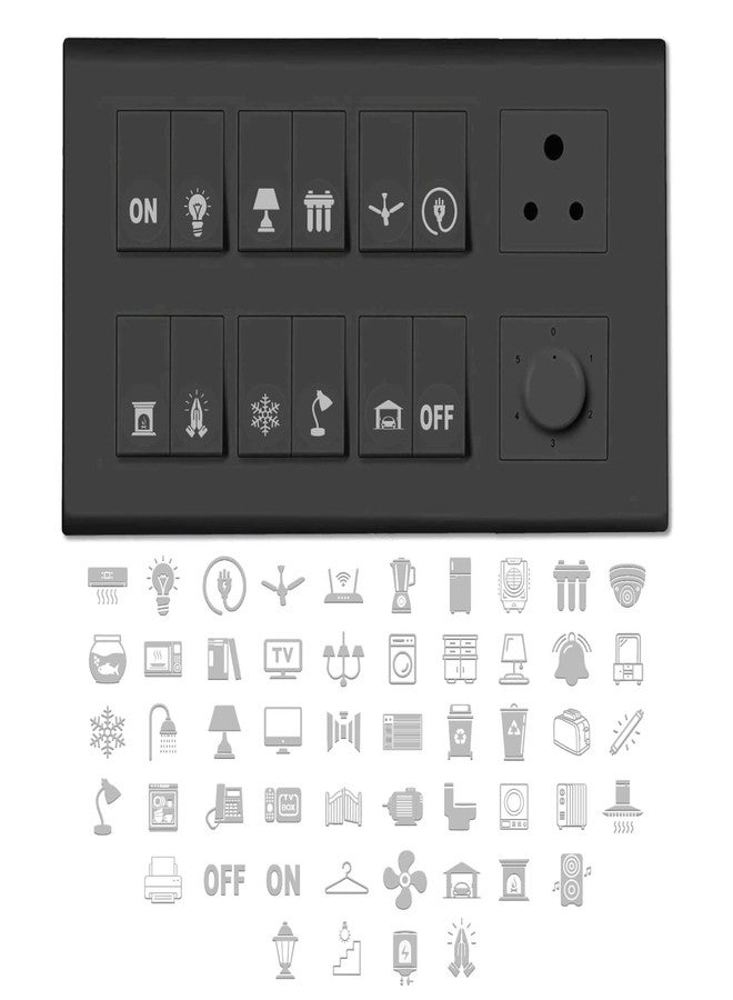 Rsbhub - Silver Switch Stickers Silver Embossed for Switch Board | 52 Designs Stickers for Home Including Fan, Light and Many More - Image 1