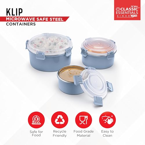 CLASSIC ESSENTIALS Stainless Steel Microwave Safe Containers | BPA Free | Food Grade Material | Snack & Food Storage Containers | Leak & Spill Proof | Set of 3 (250 ml, 650 ml & 1100 ml) (Blue) - Image 5
