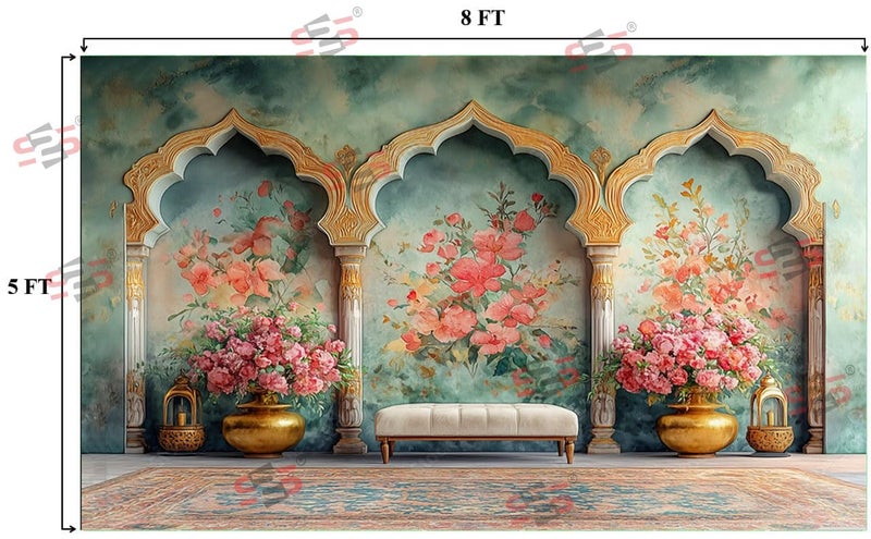 S2S قماش خلفية 3 أقواس لتزيين البوجا التقليدي، قماش تزيين خلفية | قماش ستائر لجميع المهرجانات والفعاليات والمناسبات - (5 × 8 قدم) (3 أقواس) - Image 2