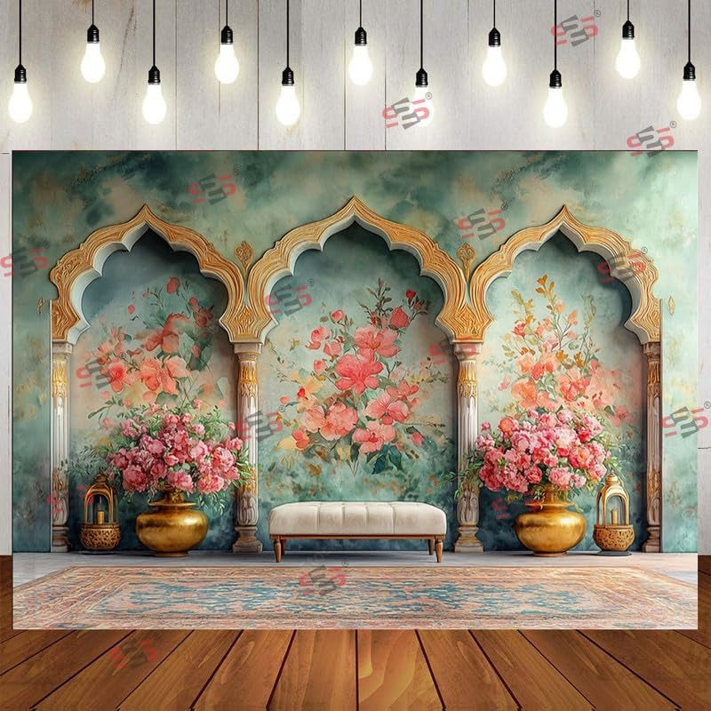 S2S قماش خلفية 3 أقواس لتزيين البوجا التقليدي، قماش تزيين خلفية | قماش ستائر لجميع المهرجانات والفعاليات والمناسبات - (5 × 8 قدم) (3 أقواس) - Image 3