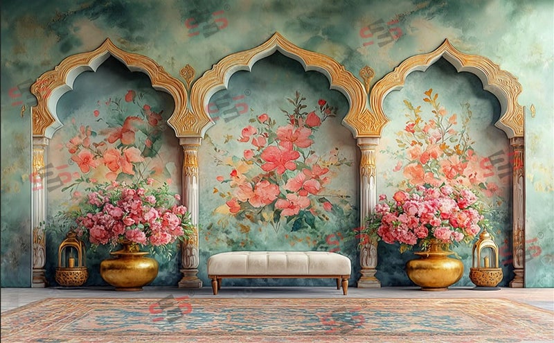 S2S قماش خلفية 3 أقواس لتزيين البوجا التقليدي، قماش تزيين خلفية | قماش ستائر لجميع المهرجانات والفعاليات والمناسبات - (5 × 8 قدم) (3 أقواس) - Image 1